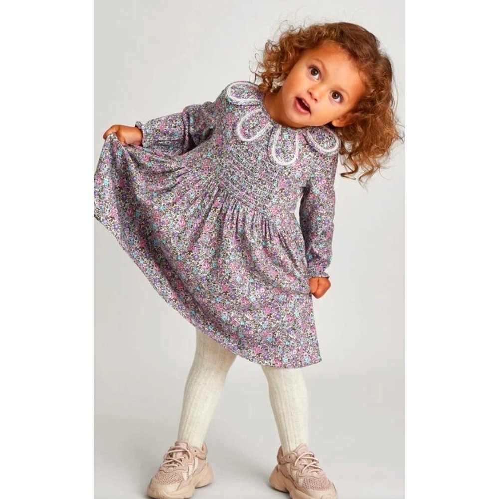 Monsoon‎ Girls Floral Smocked Dress Purple Pink Peter Pan Collar Size 2-3Y